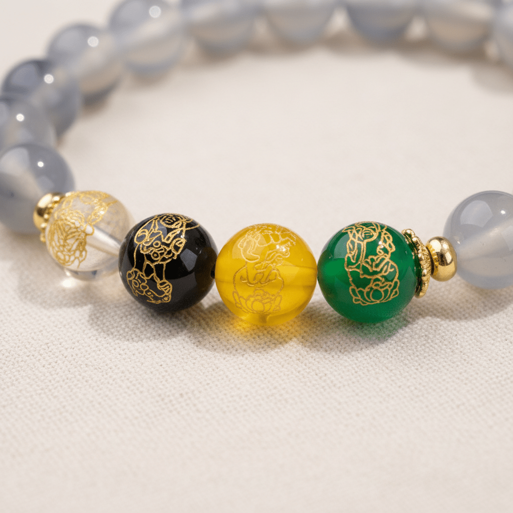 Grey-White Candy Agate Five Gods of Wealth Bracelet — Radiance Collection - Ocean Rielle Studio
