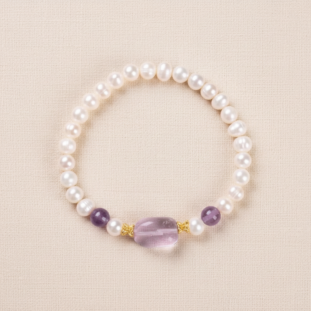 Freshwater Pearl & Freeform Amethyst Bracelet — flat lay main image