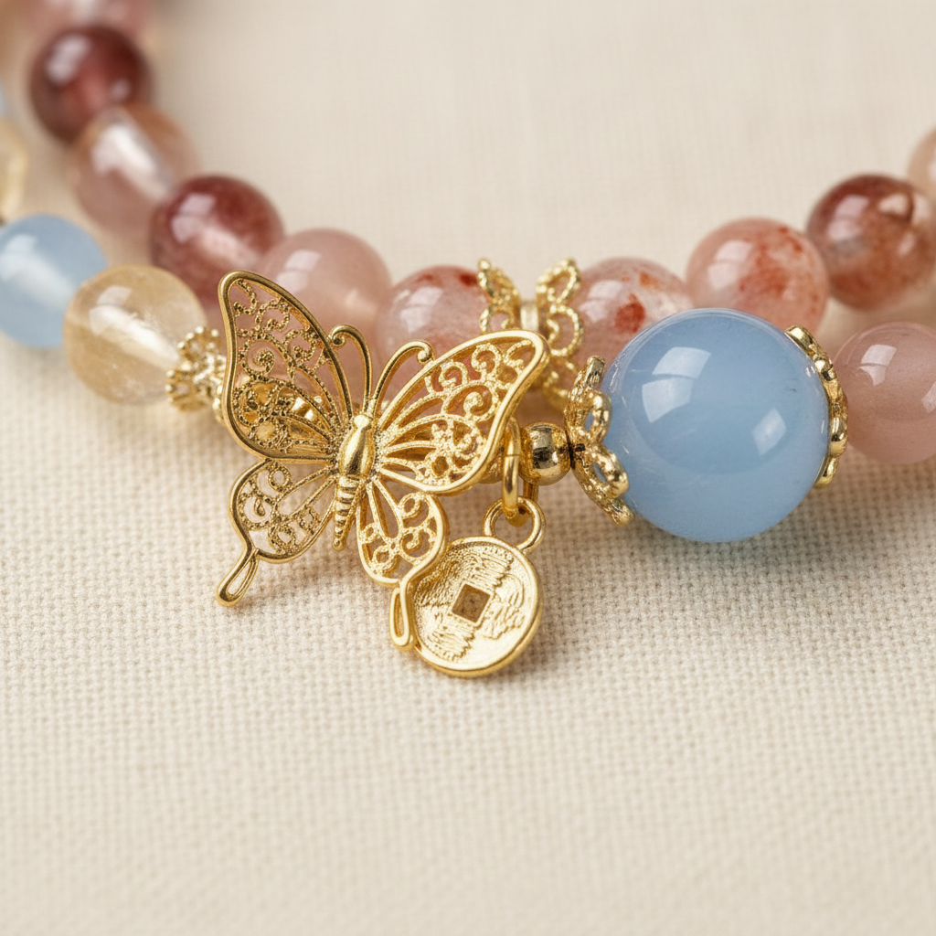 Gold butterfly charm and coin pendant close-up