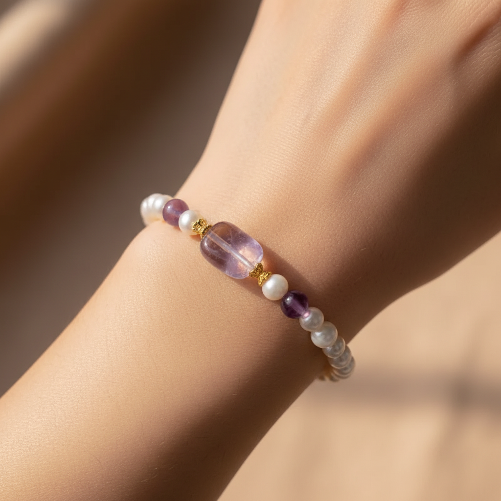 Freshwater Pearl & Freeform Amethyst Bracelet worn on wrist