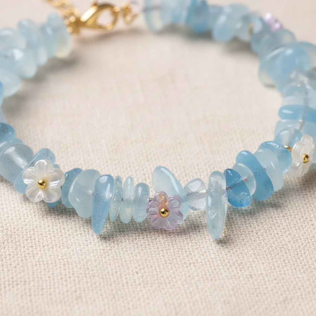 Aquamarine ice-chip bead close-up detail