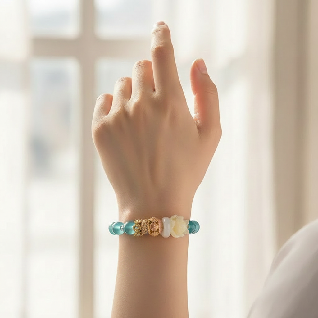 Teal Agate Fortune Charm Bracelet worn on wrist — natural light