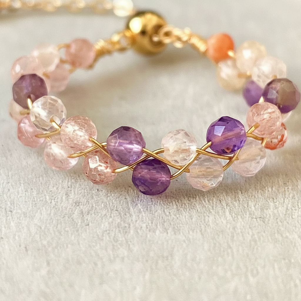Strawberry quartz and amethyst bead close-up detail