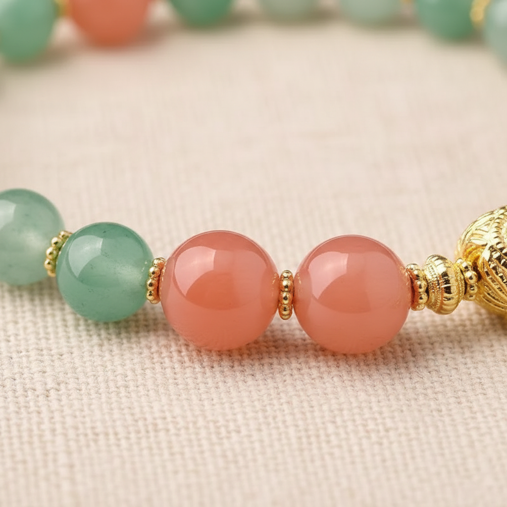 Coral-pink carnelian accent beads with gold spacers close-up