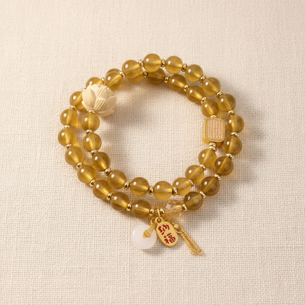 Yellow Candy Agate Double Wrap Lucky Lotus Bracelet — Main Image