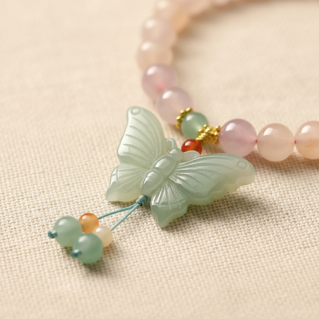 Carved celadon jade butterfly pendant with teal tassel close-up
