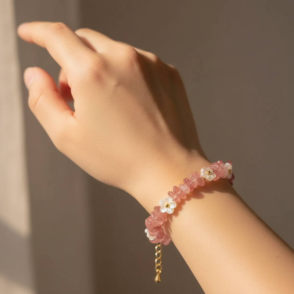Strawberry quartz bracelet worn on wrist in natural window light