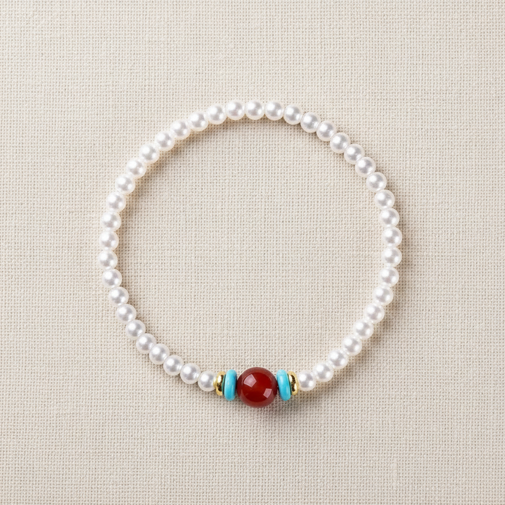 Yue Po bracelet flat lay on warm cream linen