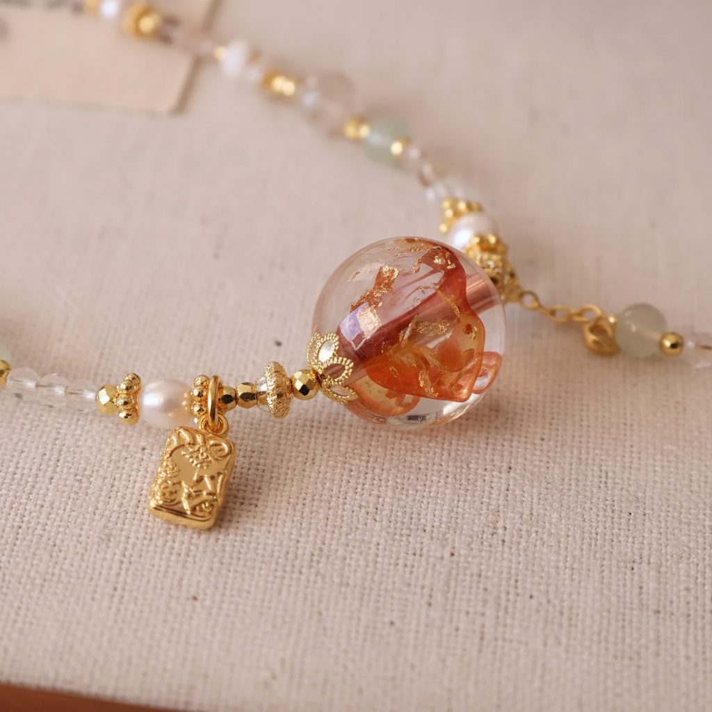 Lampwork glass flower bead and gold charm detail