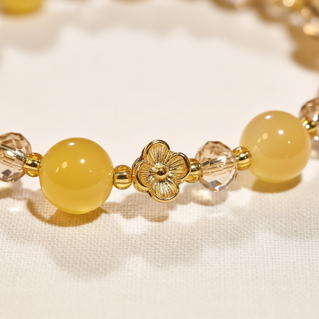 Close-up of gold flower bead cap and tiny gold seed spacer beads