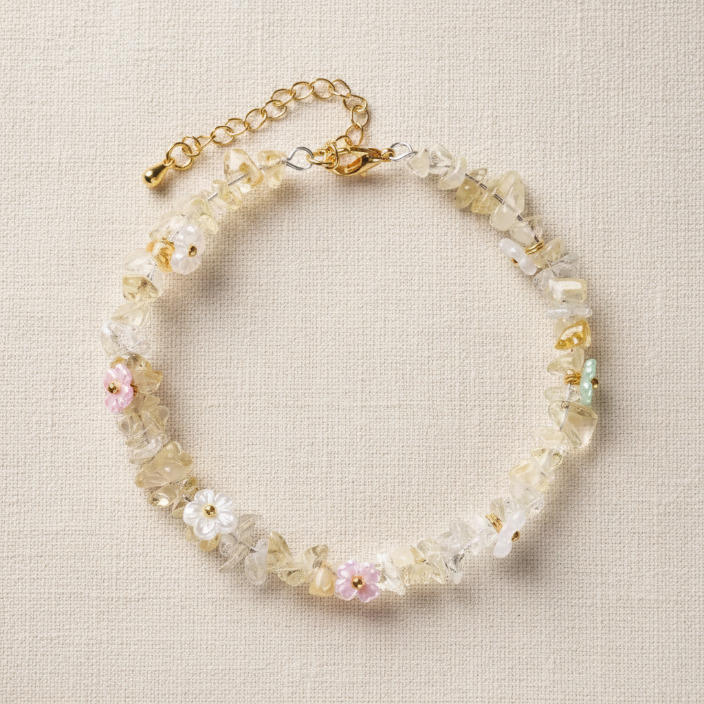 Citrine bracelet full circle flat lay on warm cream linen