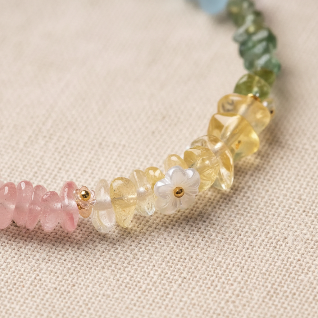 Multi-color crystal ice-chip bead gradient close-up detail