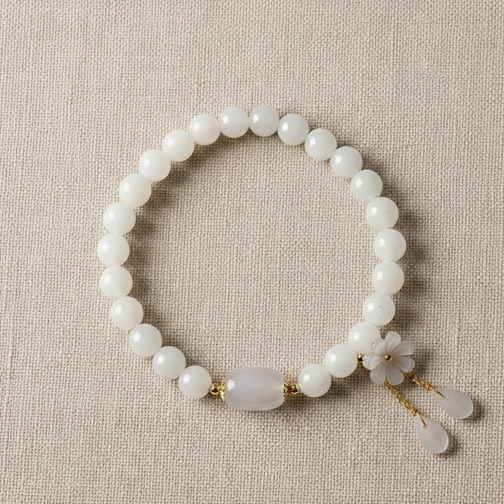 White Jade & Shell Flower Bracelet — flat lay main image