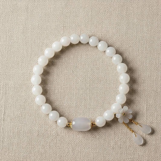 White Jade & Shell Flower Bracelet — flat lay main image