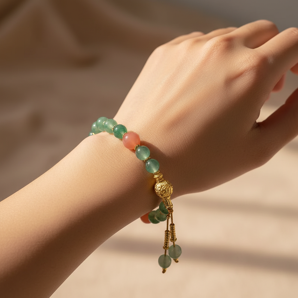 Green aventurine bracelet worn on wrist in natural window light