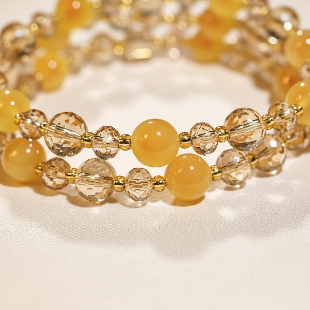 Close-up of warm yellow agate and faceted champagne crystal rondelle beads
