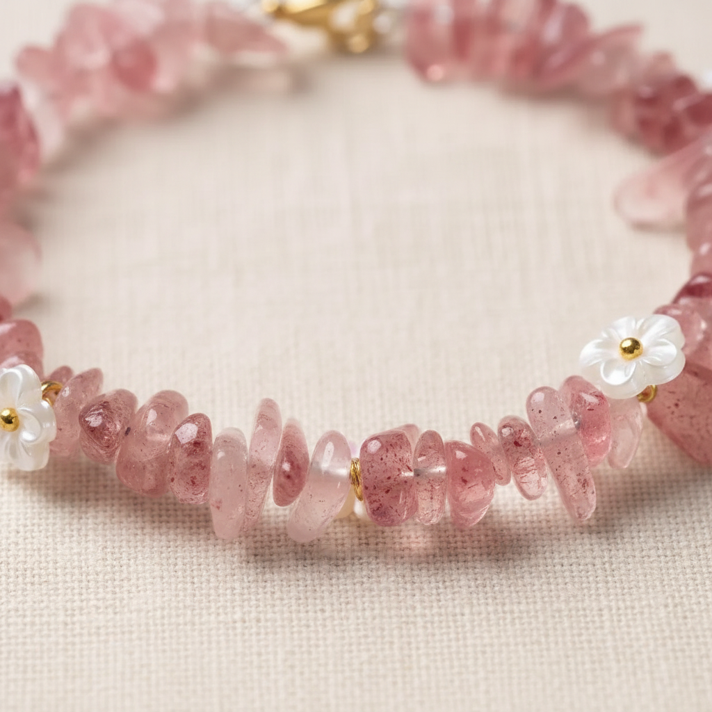 Strawberry quartz ice-chip bead close-up detail