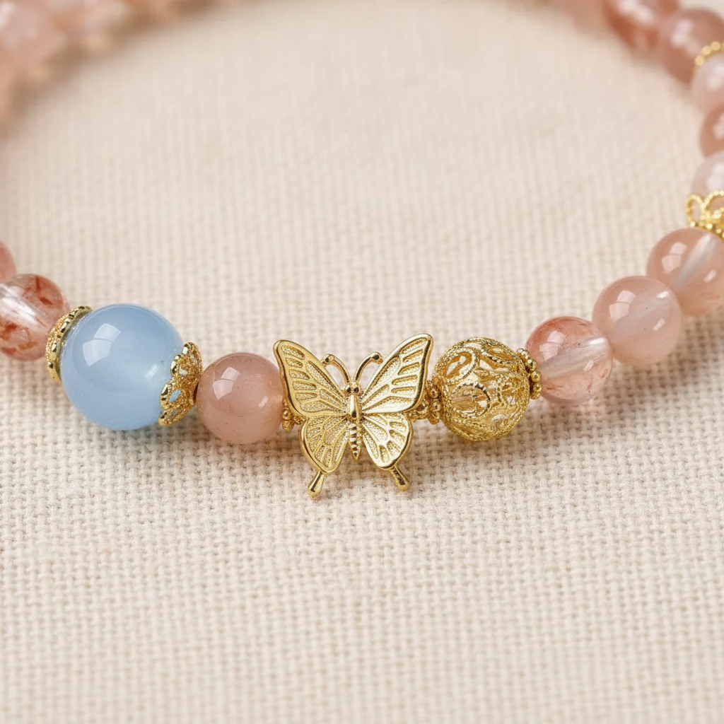 Gold butterfly charm and filigree spacer beads close-up