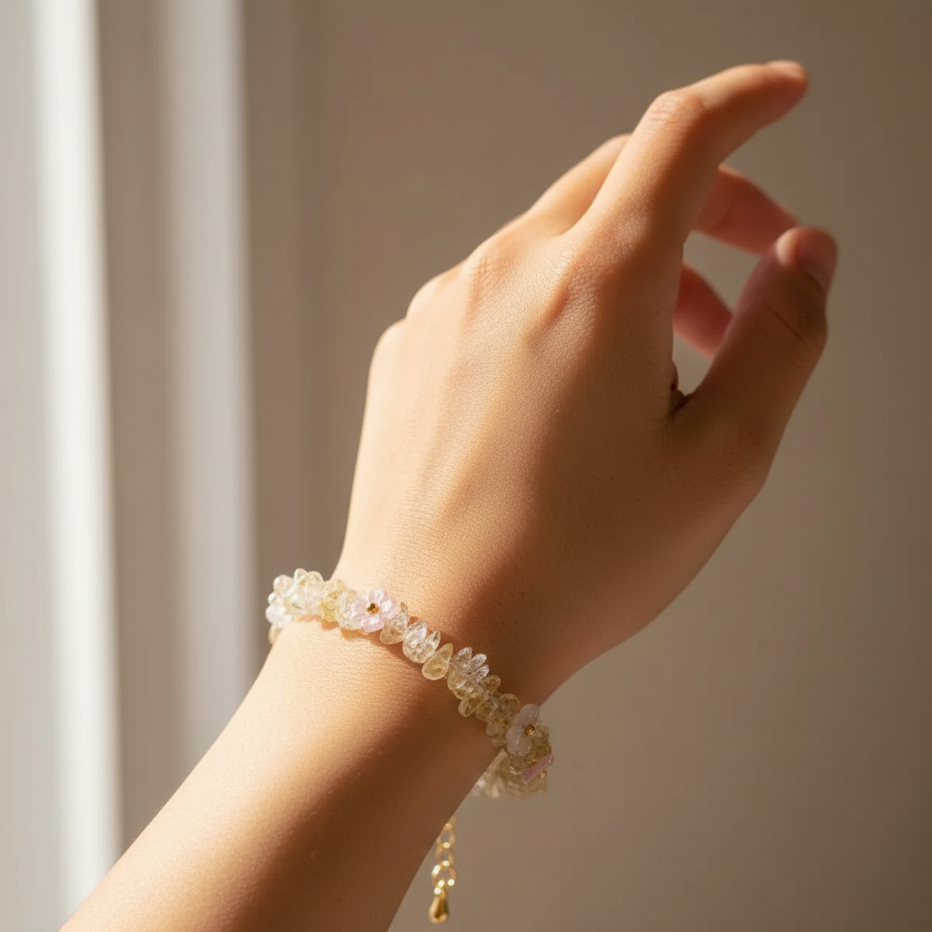 Citrine bracelet worn on wrist in natural window light