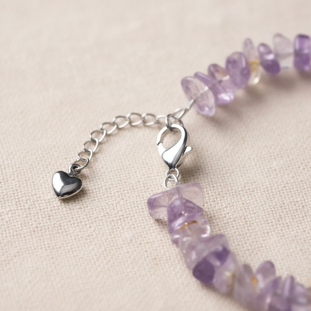 Silver lobster clasp, extension chain and heart charm close-up