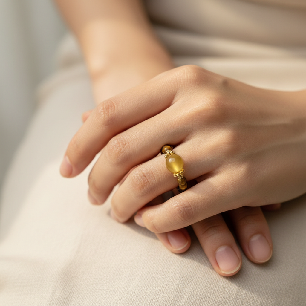 Tiger Eye ring worn on hand — natural window light