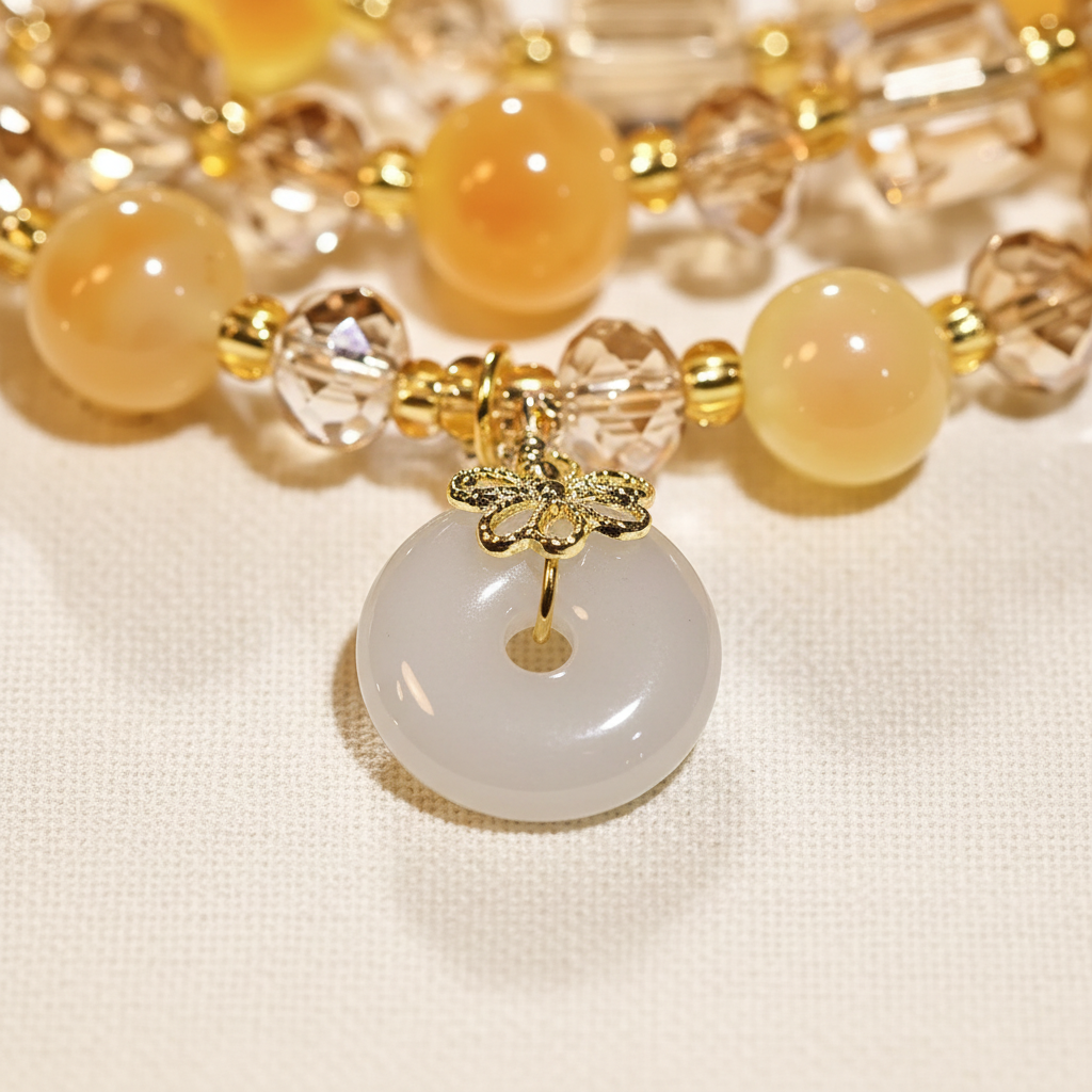 Close-up of smooth white jade donut pendant charm with gold connector