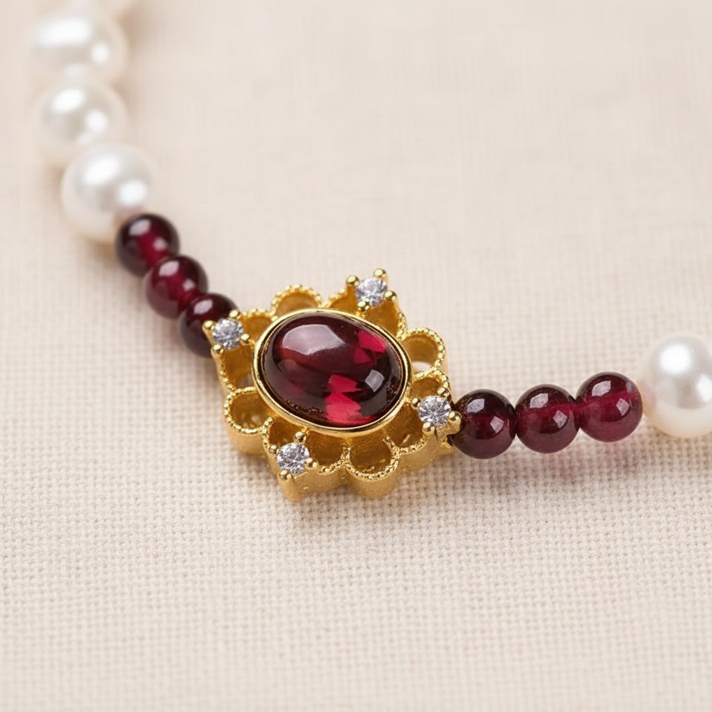 Gold lotus flower centerpiece with garnet cabochon close-up