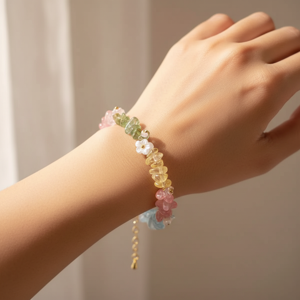 Rainbow crystal bracelet worn on wrist in natural window light