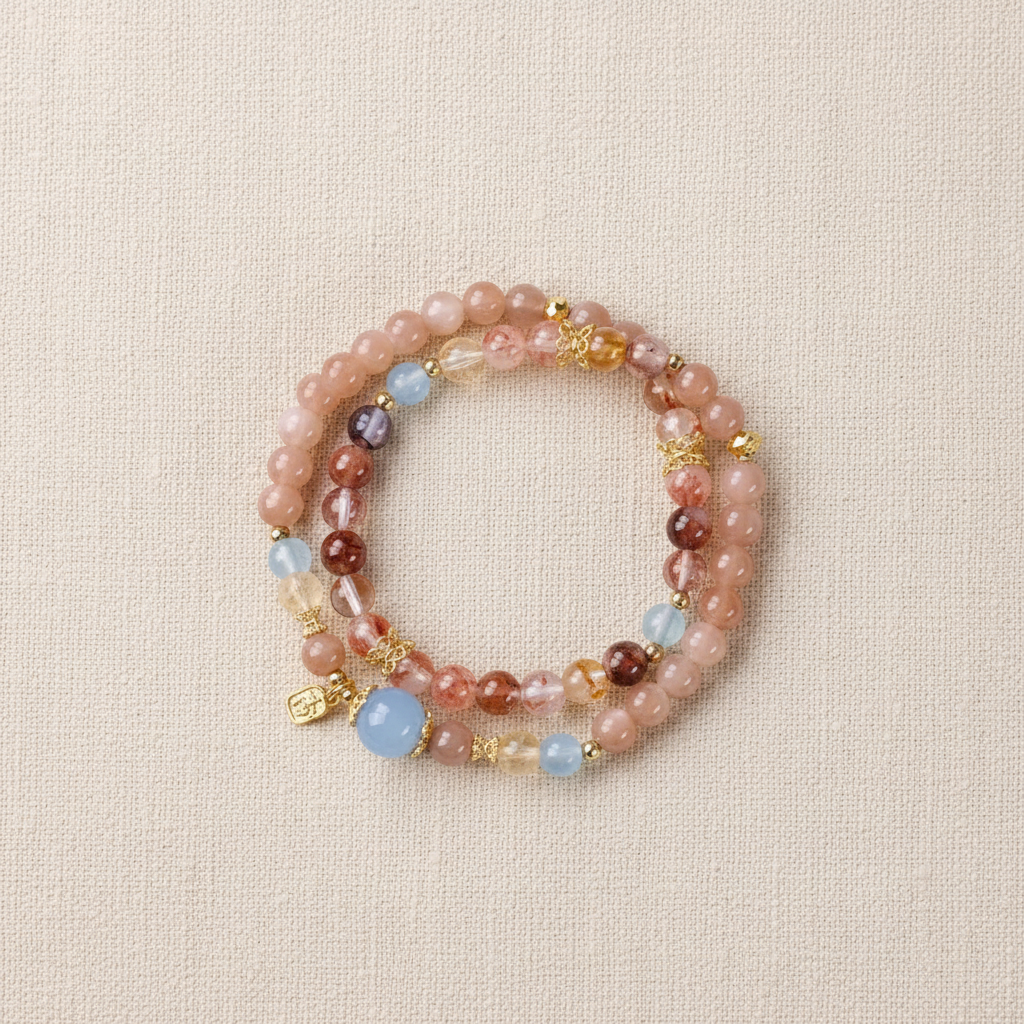 Golden sunstone bracelet full circle flat lay on warm cream linen