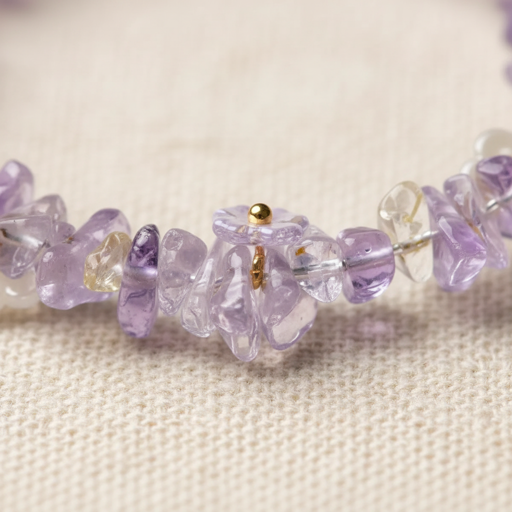 Gold spacer beads among amethyst crystal chips close-up