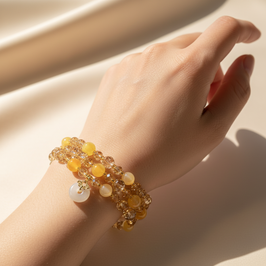Yellow Agate & Champagne Crystal Triple-Wrap Bracelet worn on hand in natural window light