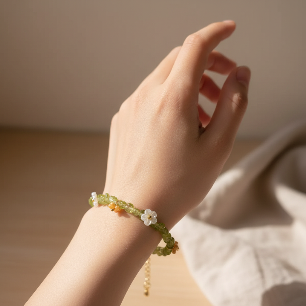 Peridot bracelet worn on wrist in natural window light