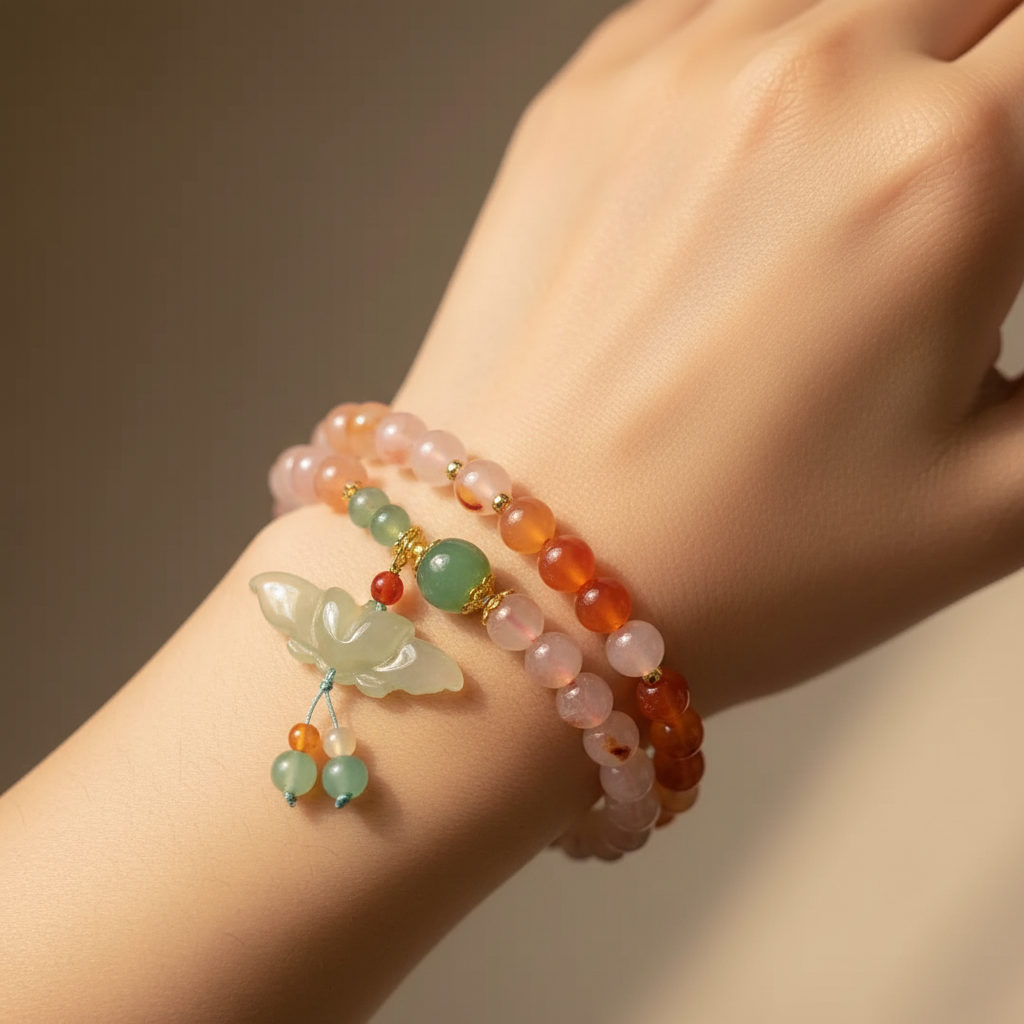 Carnelian bracelet worn on wrist in natural window light