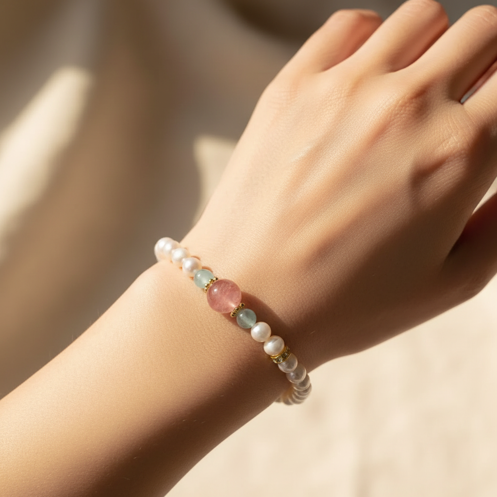 Freshwater Pearl & Strawberry Quartz Bracelet worn on wrist