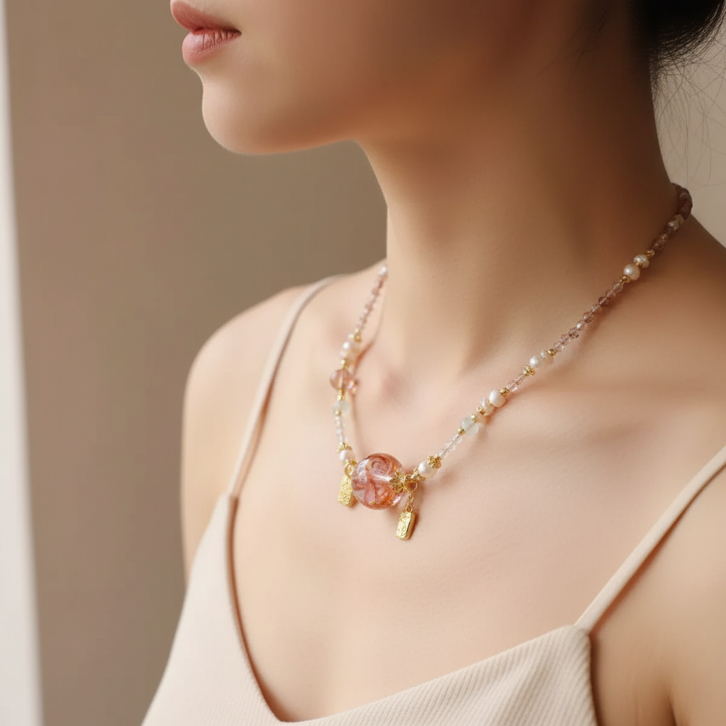 Necklace worn on neck — natural window light