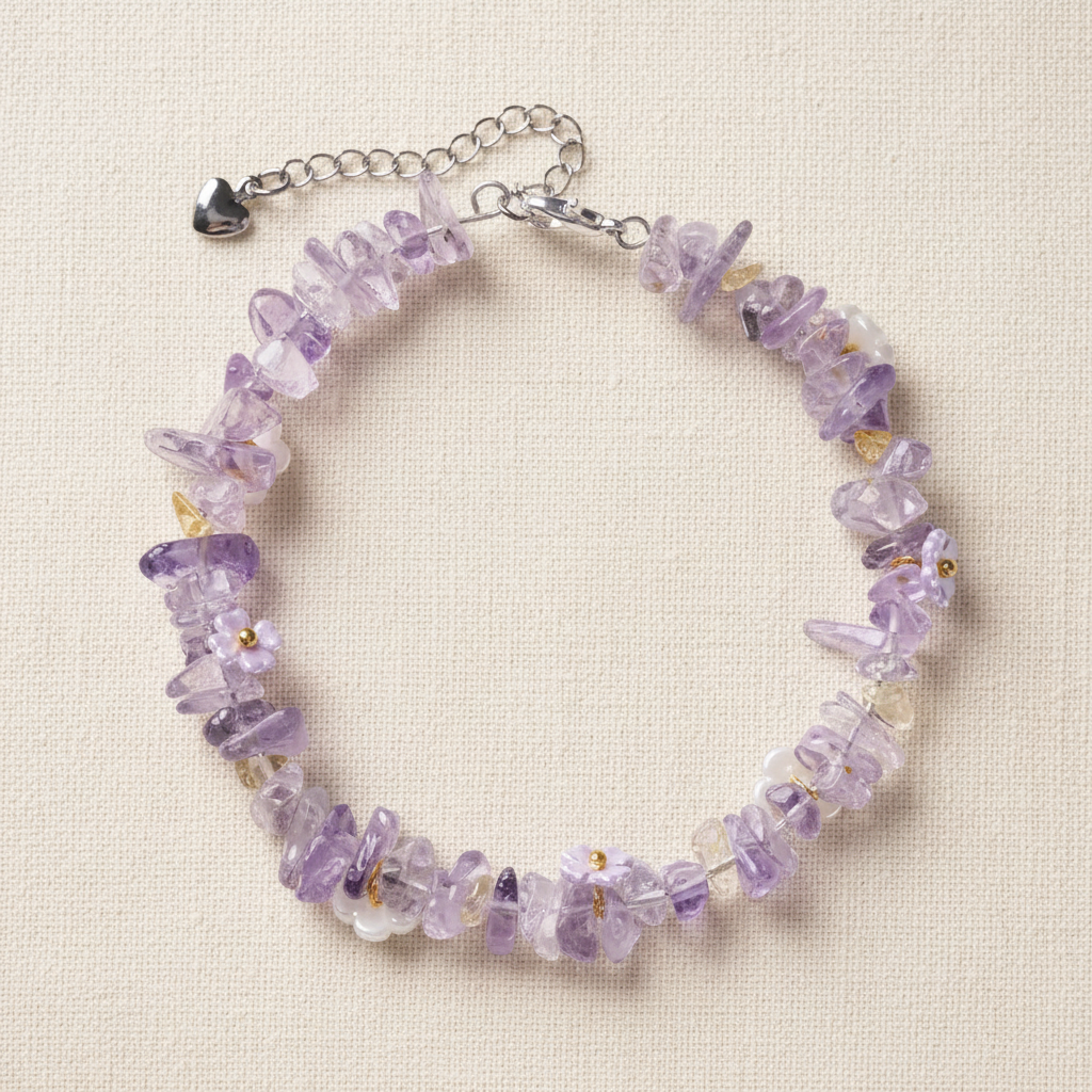 Amethyst bracelet full circle flat lay on warm cream linen