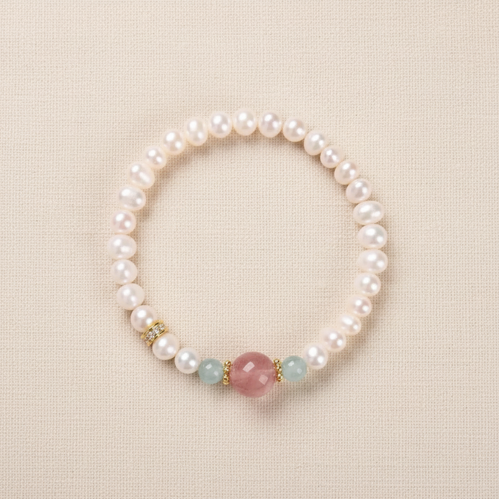 Freshwater Pearl & Strawberry Quartz Bracelet — flat lay main image