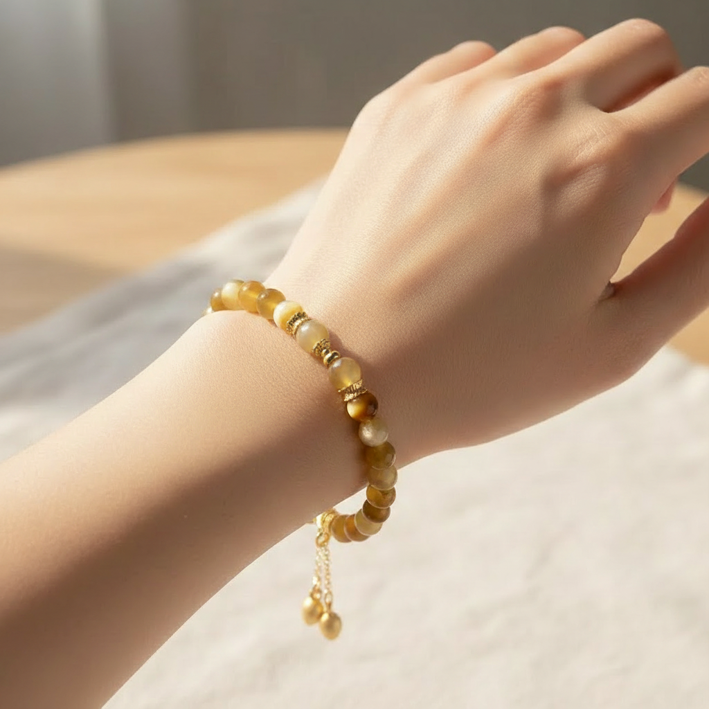 Golden Agate Tassel Bracelet worn on wrist