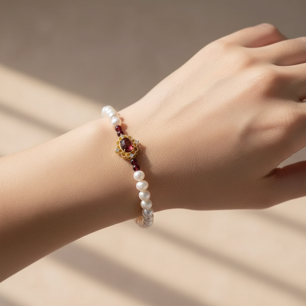 Freshwater Pearl & Garnet Lotus Bracelet worn on wrist