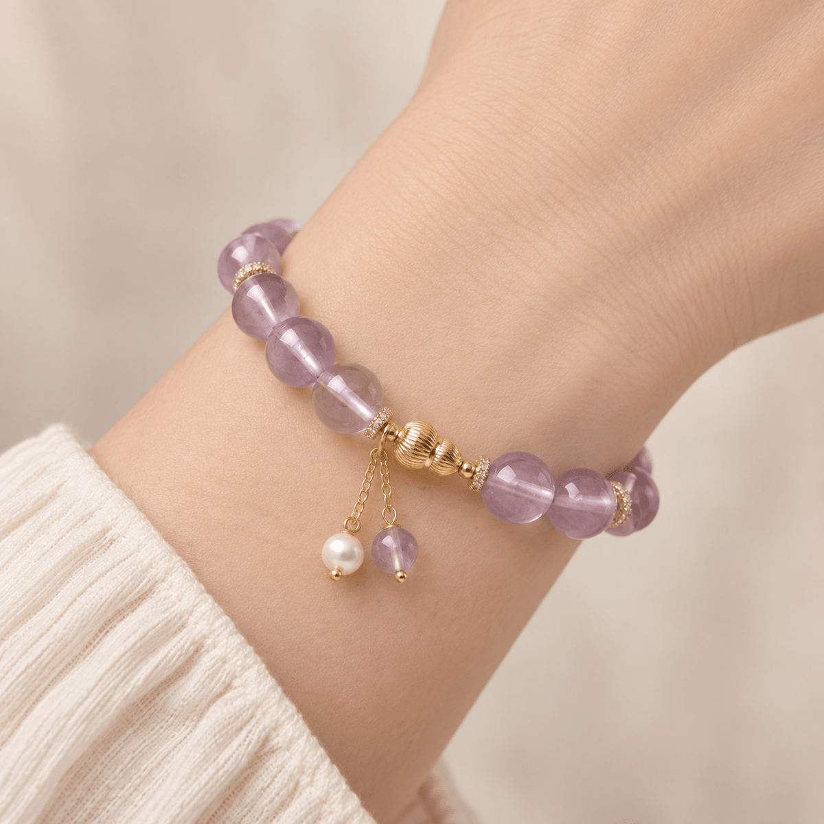 Lavender Amethyst & Pearl Pendant Bracelet - Ocean Rielle Studio