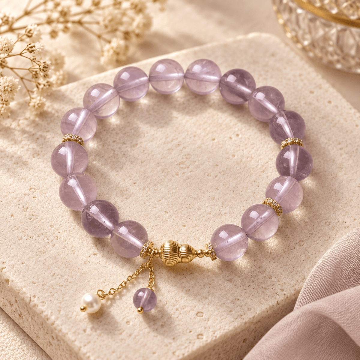 Lavender Amethyst & Pearl Pendant Bracelet - Ocean Rielle Studio