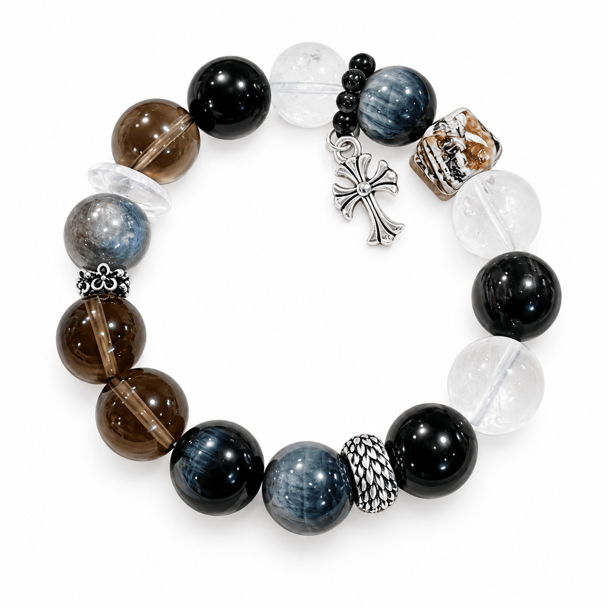 Obsidian & Smoky Quartz Nightfall Cross Bracelet - Ocean Rielle Studio