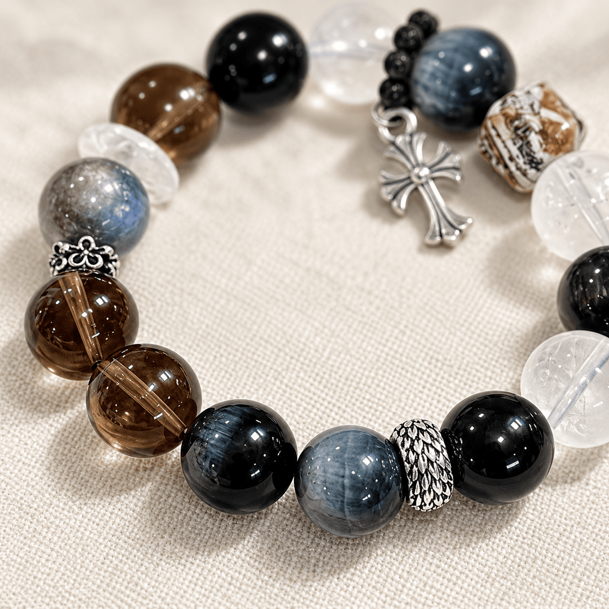 Obsidian & Smoky Quartz Nightfall Cross Bracelet - Ocean Rielle Studio