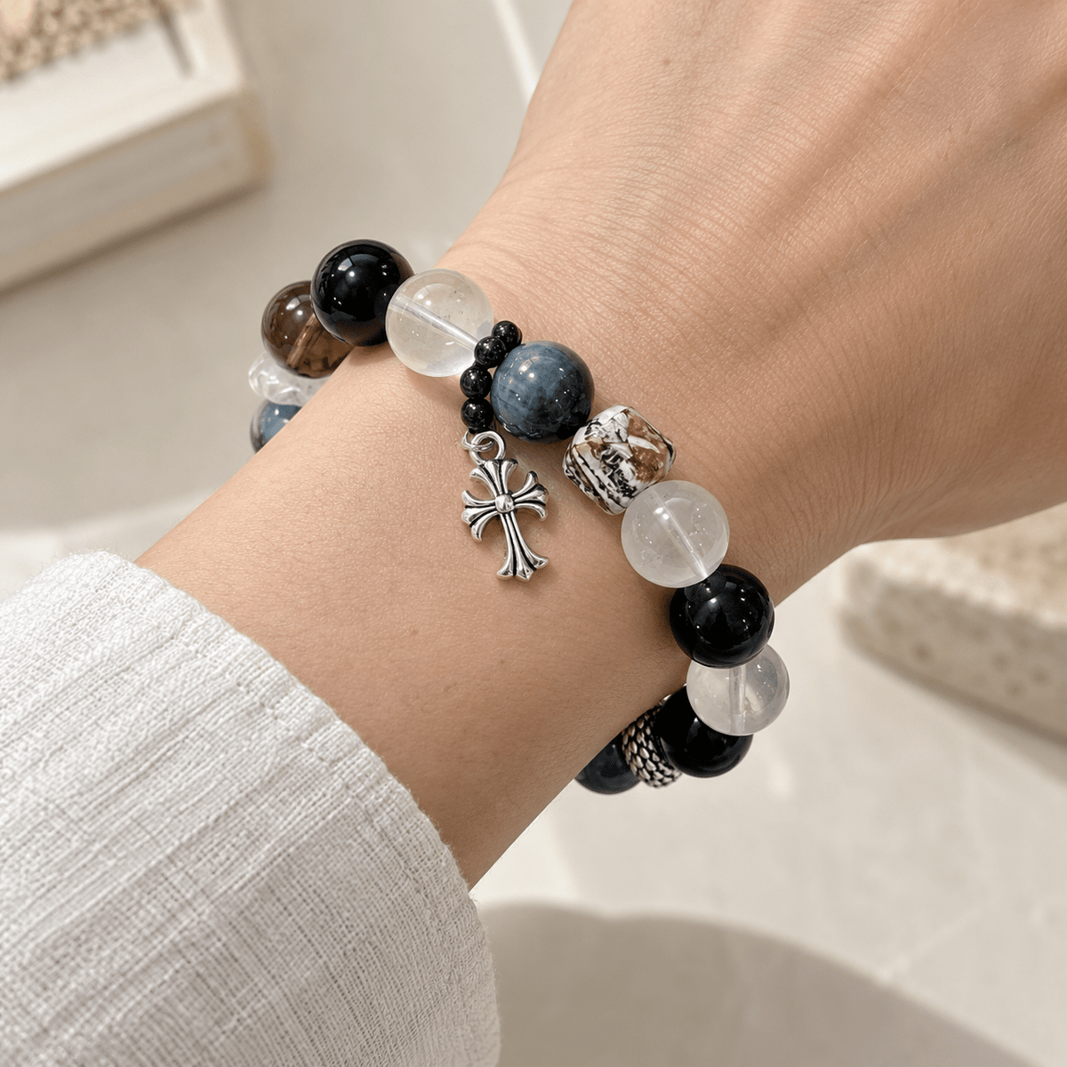 Obsidian & Smoky Quartz Nightfall Cross Bracelet - Ocean Rielle Studio