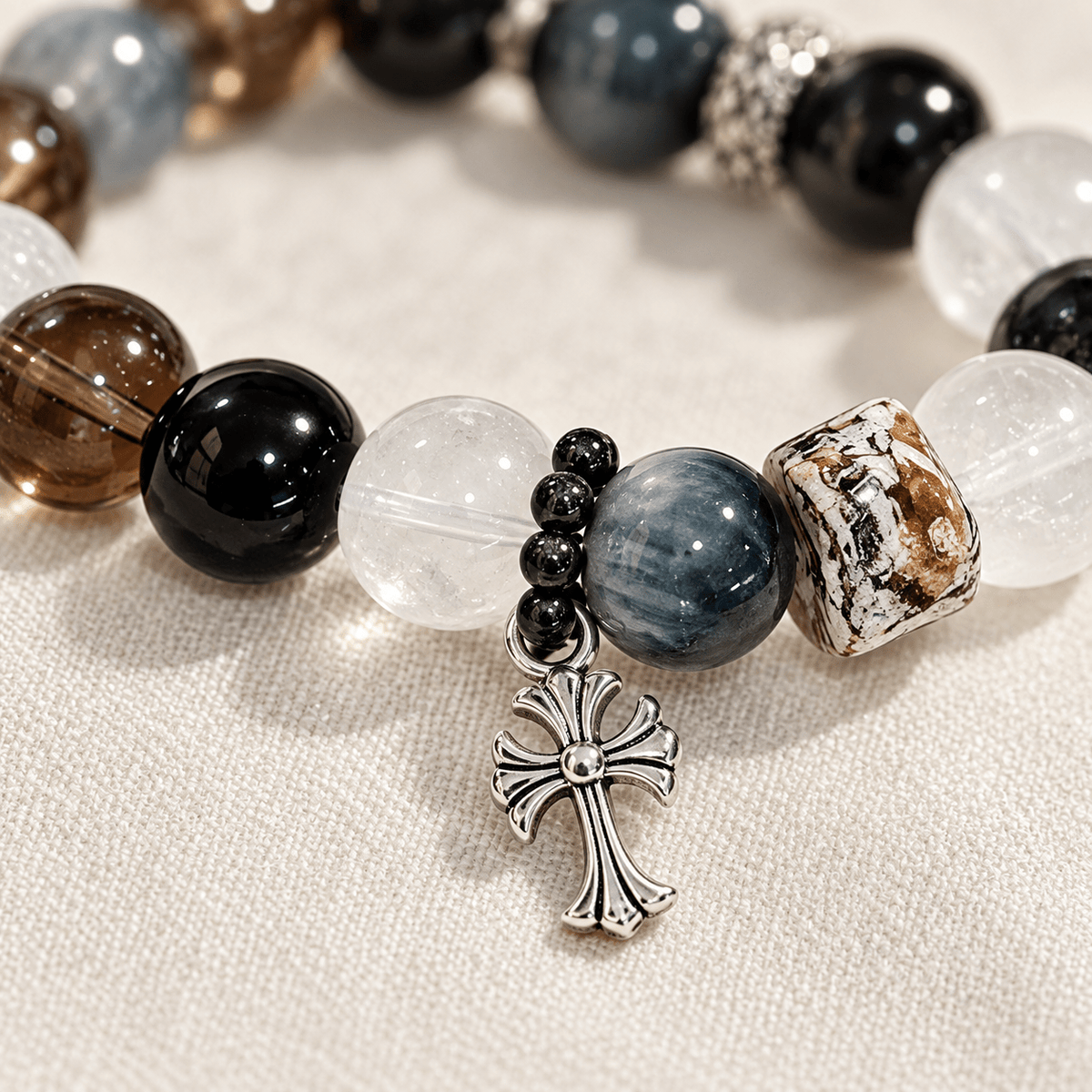 Obsidian & Smoky Quartz Nightfall Cross Bracelet - Ocean Rielle Studio