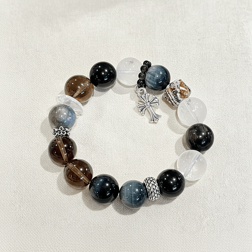 Obsidian & Smoky Quartz Nightfall Cross Bracelet — Radiance Collection - Ocean Rielle Studio