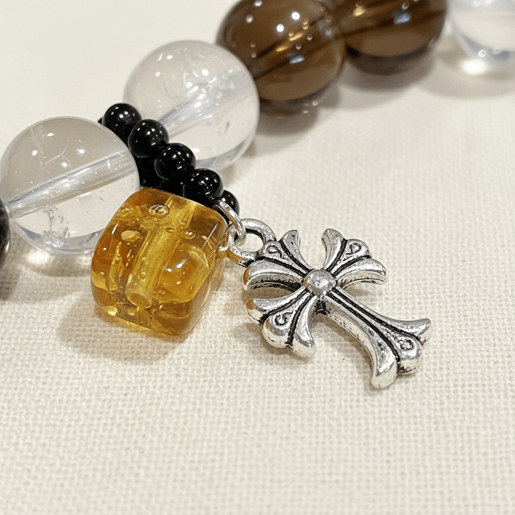 Obsidian & Smoky Quartz Nightfall Cross Bracelet — Radiance Collection - Ocean Rielle Studio