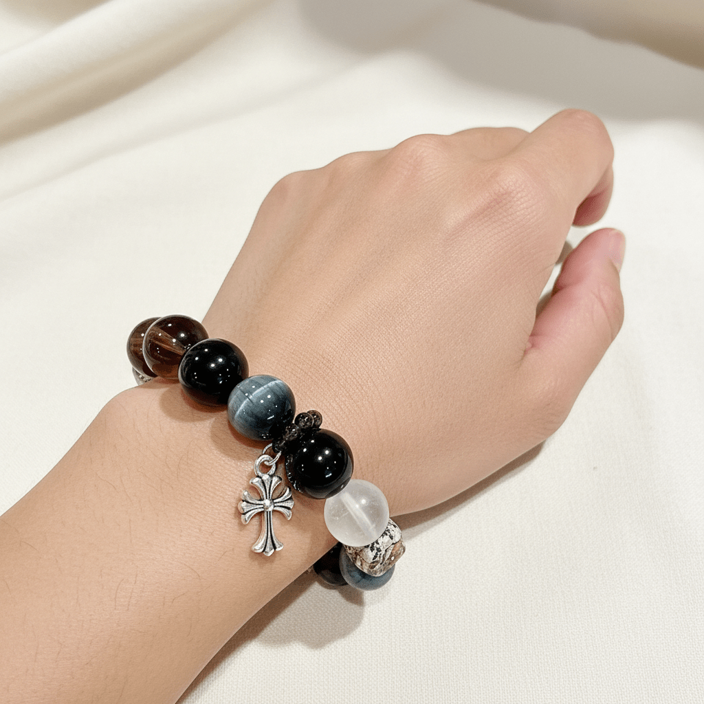 Obsidian & Smoky Quartz Nightfall Cross Bracelet — Radiance Collection - Ocean Rielle Studio