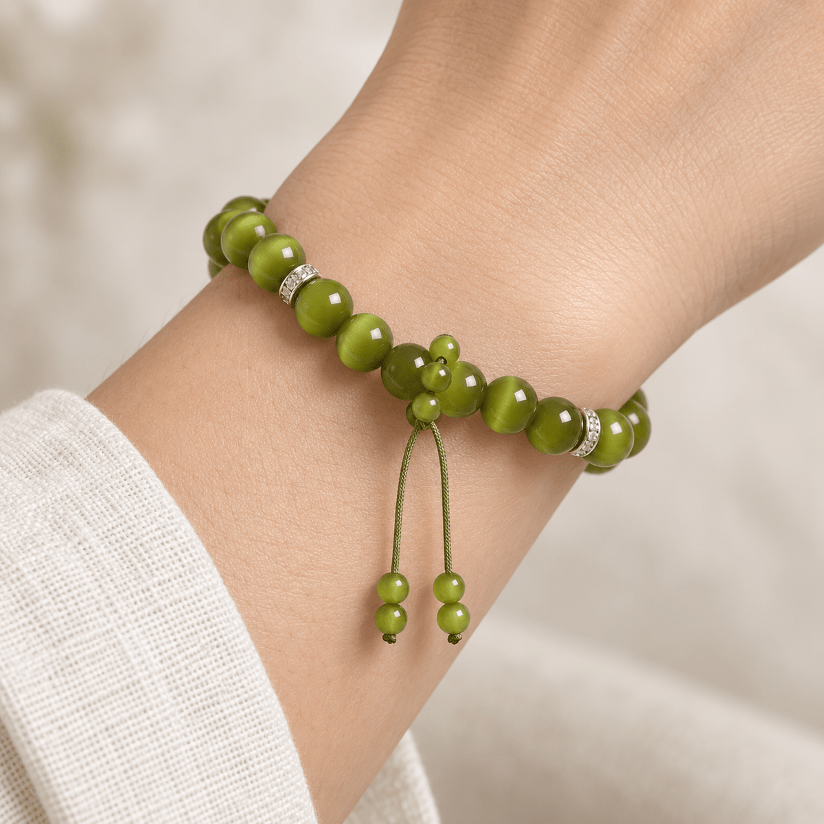 Olive Green Cat's Eye & Tassel Bracelet - Ocean Rielle Studio
