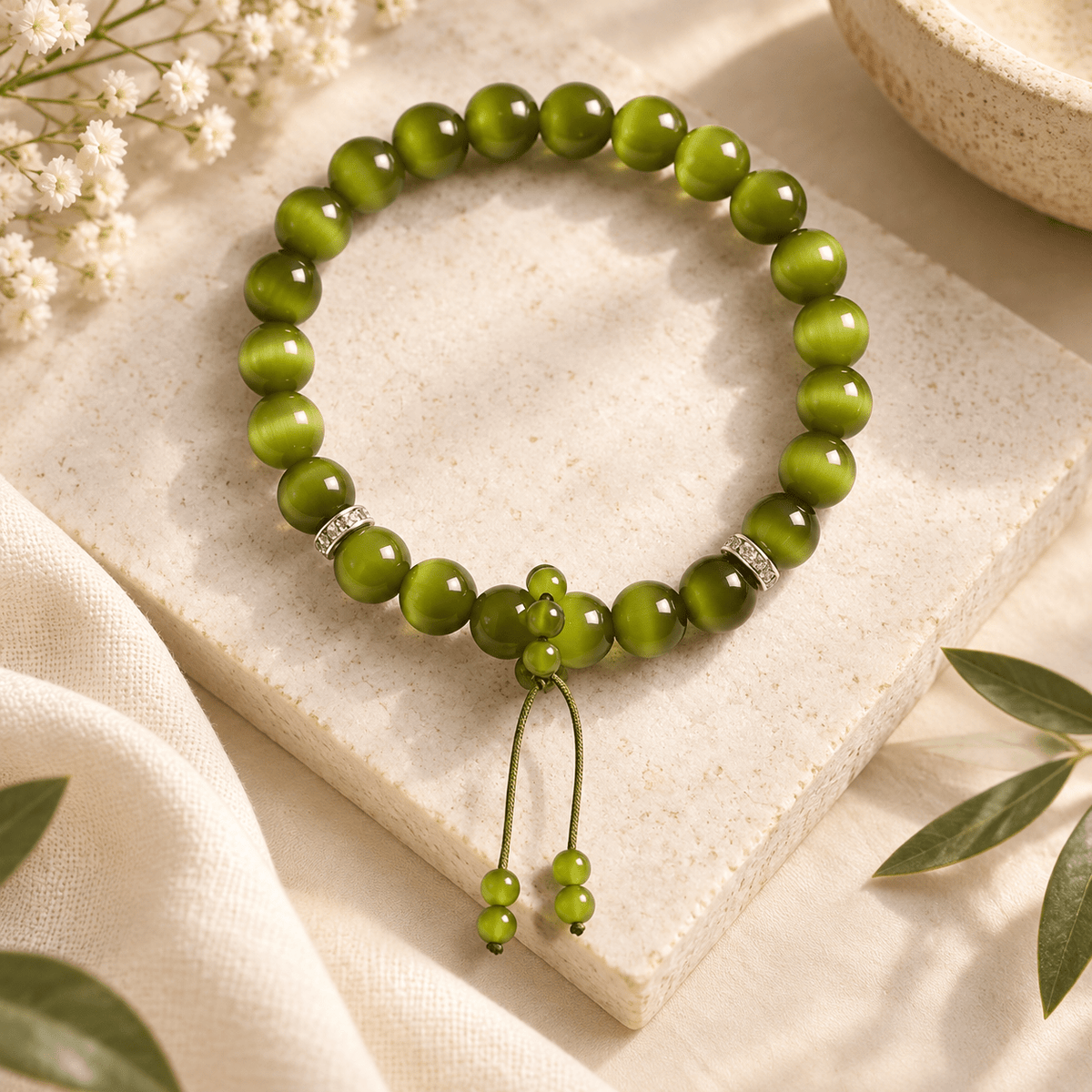 Olive Green Cat's Eye & Tassel Bracelet - Ocean Rielle Studio